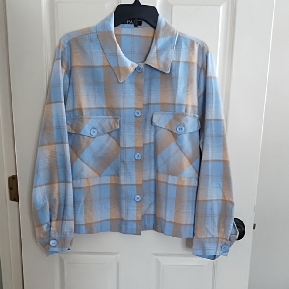 Blue and Tan Plaid Button-Up Shirt